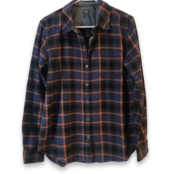 NWT PrAna Golden Canyon Blue/Burnt Orange/Black Snap Flannel Rich Sapphire - Picture 3 of 13